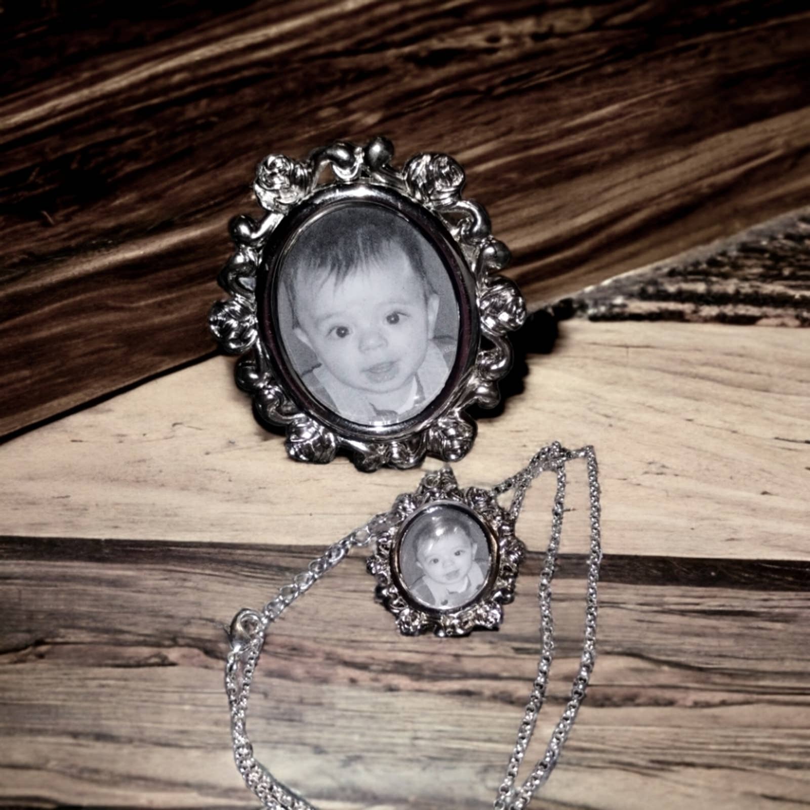 Old 1920s antique portrait silver necklace with matching photo frame