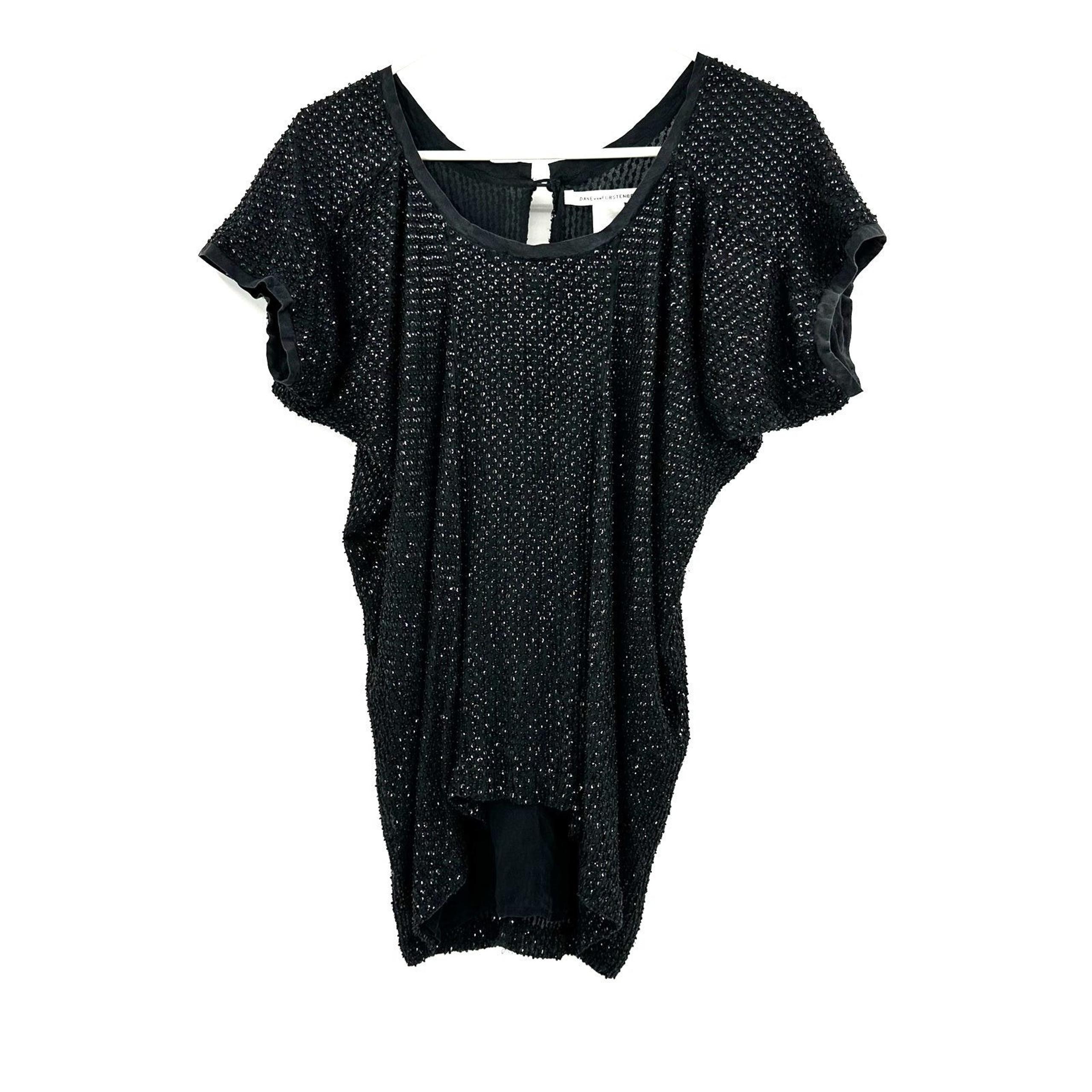 Diane Von Furstenberg Size 4 Blouse Black Sequin 100% Silk Formal Short Sleeve