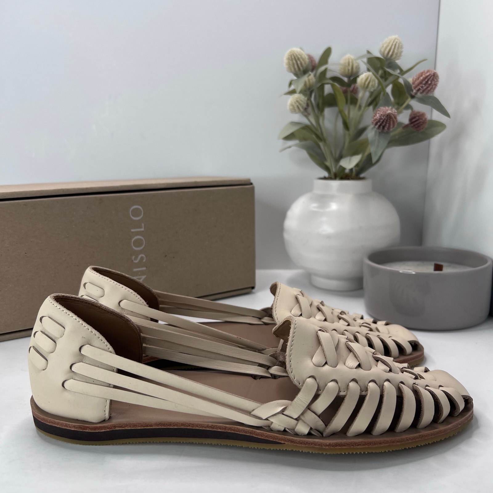 Nisolo Huarache Leather Sandals Slip On Leather Bone Women 9.5 NWB Anthropologie