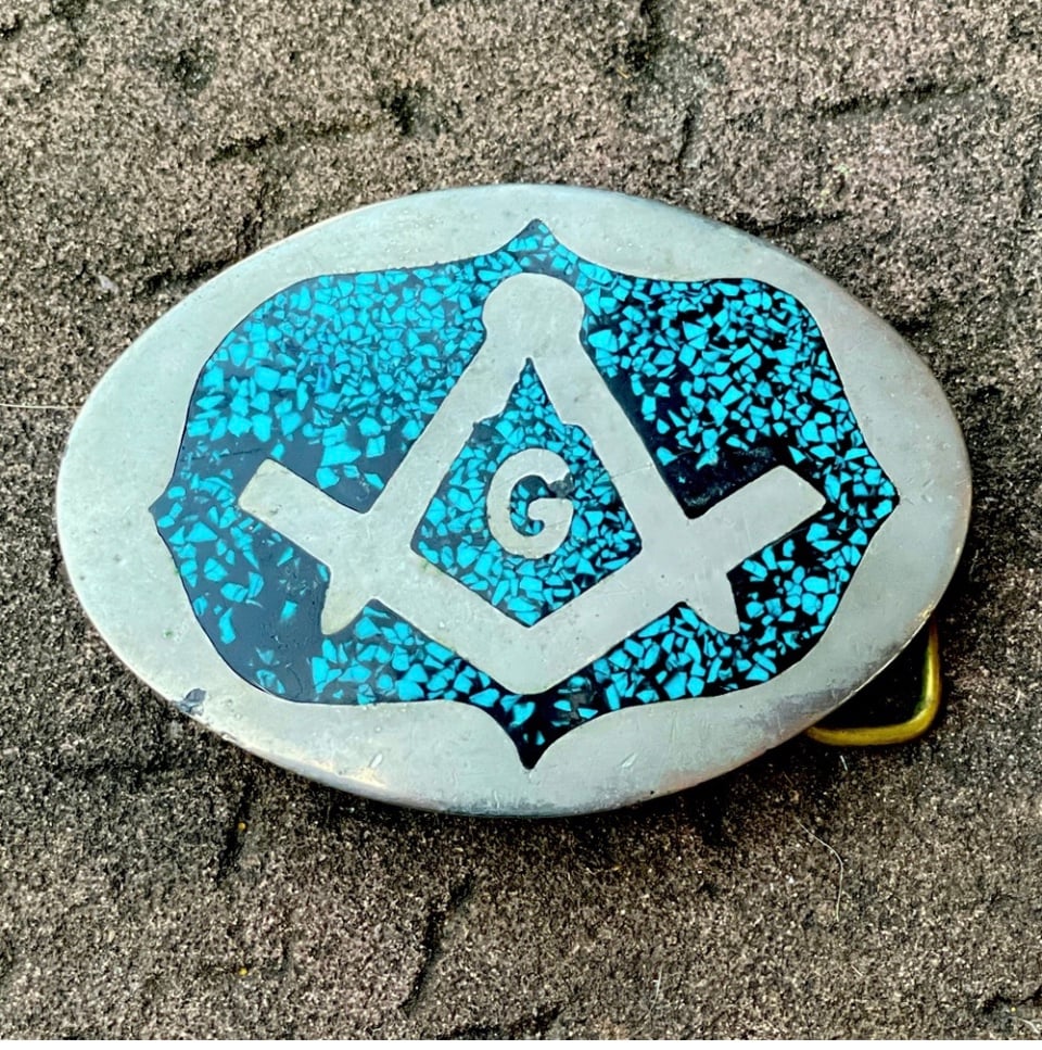 Vintage OOAK Handmade cast metal w/turquoise chip inlay Masonic belt buckle