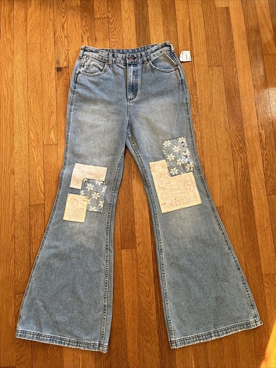 Wrangler x Billabong Womens Bell Bottom Jeans Blue Patchwork Denim Size 30