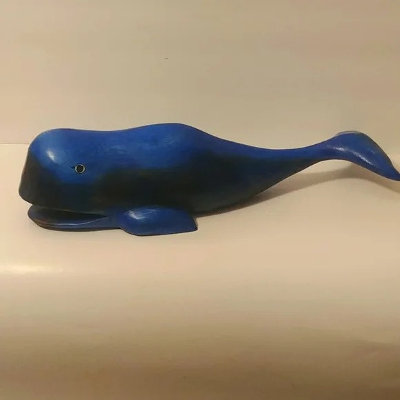 Blue Painted Vtg Wooden Whale Figirine