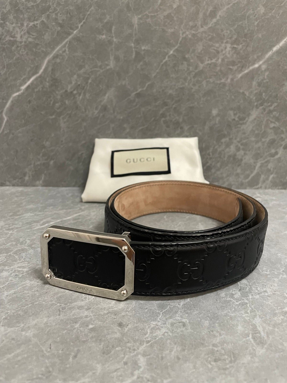 GUCCI SIGNATURE LEATHER BELT w/Rectangular Buckle- GUCCI 85
