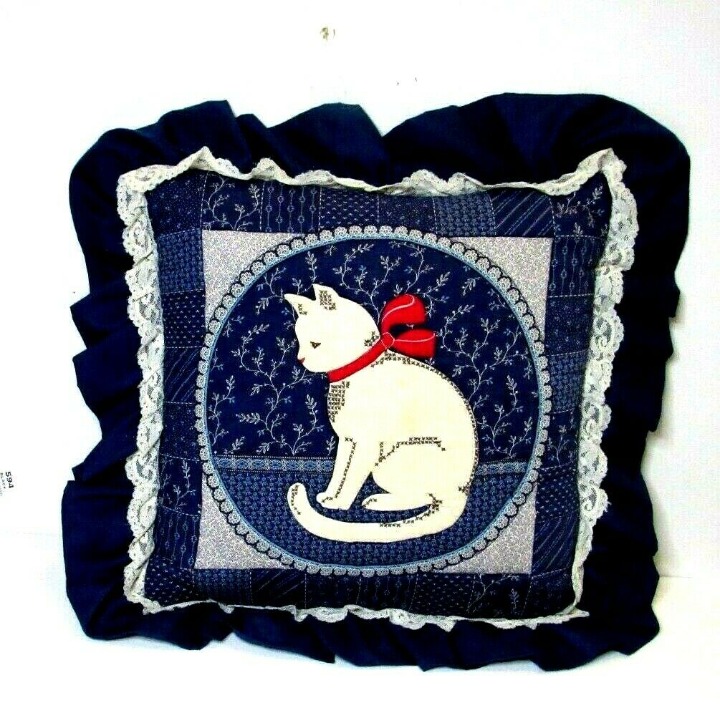 Vtg Hand Sewn Throw Pillow Lace Ruffled Edge Kitty Cat Cottagecore Embroidered