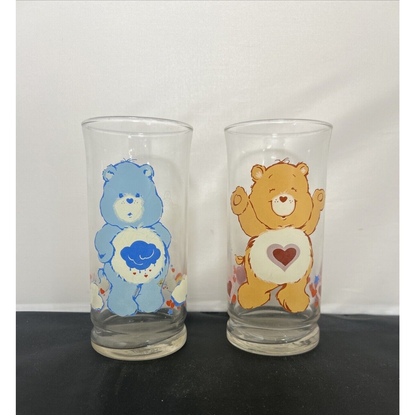 Two Vintage 1983 Care Bear Pizza Hut Glasses - Grumpy Bear and TenderHeart Bear