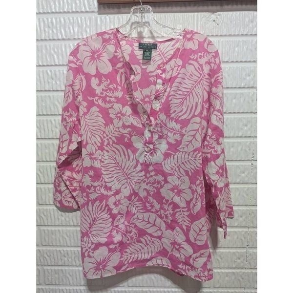 Lauren Ralph Lauren Women's Pink & White Tropical Print Cotton Tunic Top Size XL