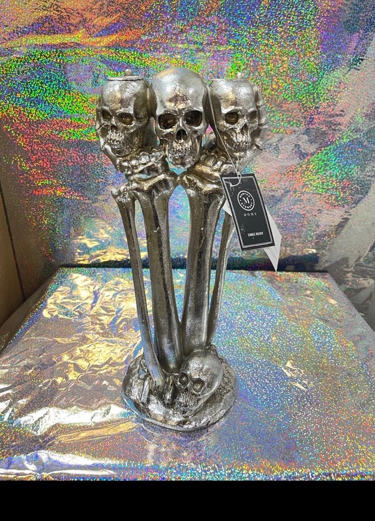 Martha Stewart Silver Skulls Skeleton Taper Candle Holder