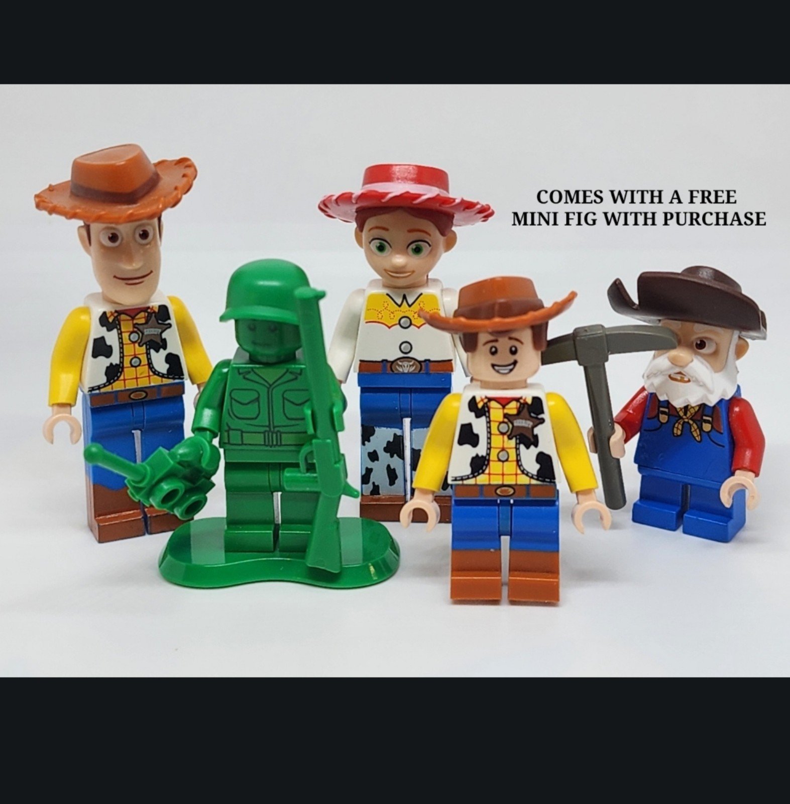 Lego TOY STORY figs Woody Tall Normal Jessie Stinky Pete Green Army Man lot (5)