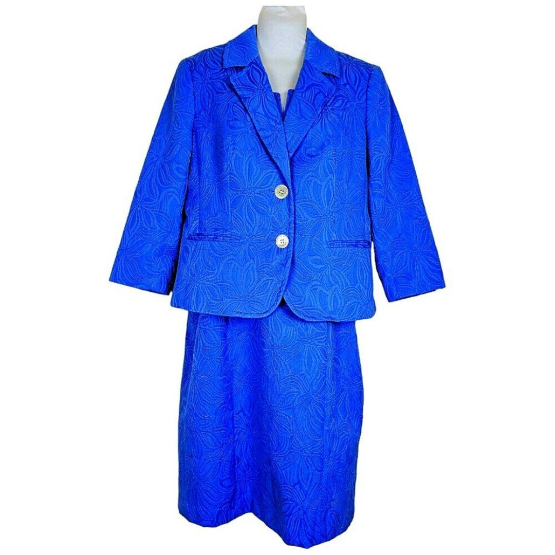 Talbots 2 Pc Jacket Dress Combo Set Blue Floral Jacquard Print size 10