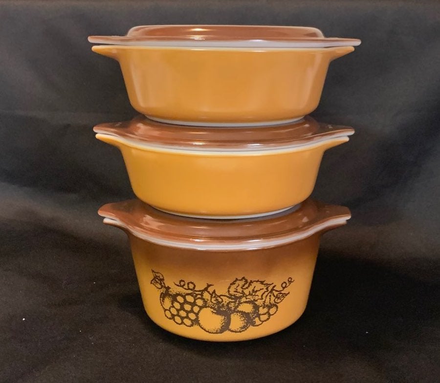 vintage Pyrex old orchard casserole dishes