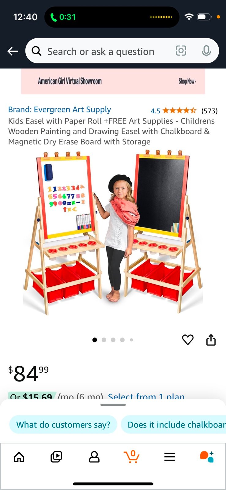 Flip-Over Double-Sided Kids Art Easel with Paper Roll Storage Bins & Accessories