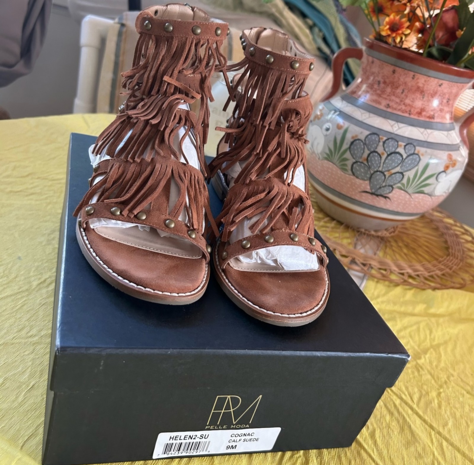 Brand New Pelle Moda Cognac calf suede Womens sandals.