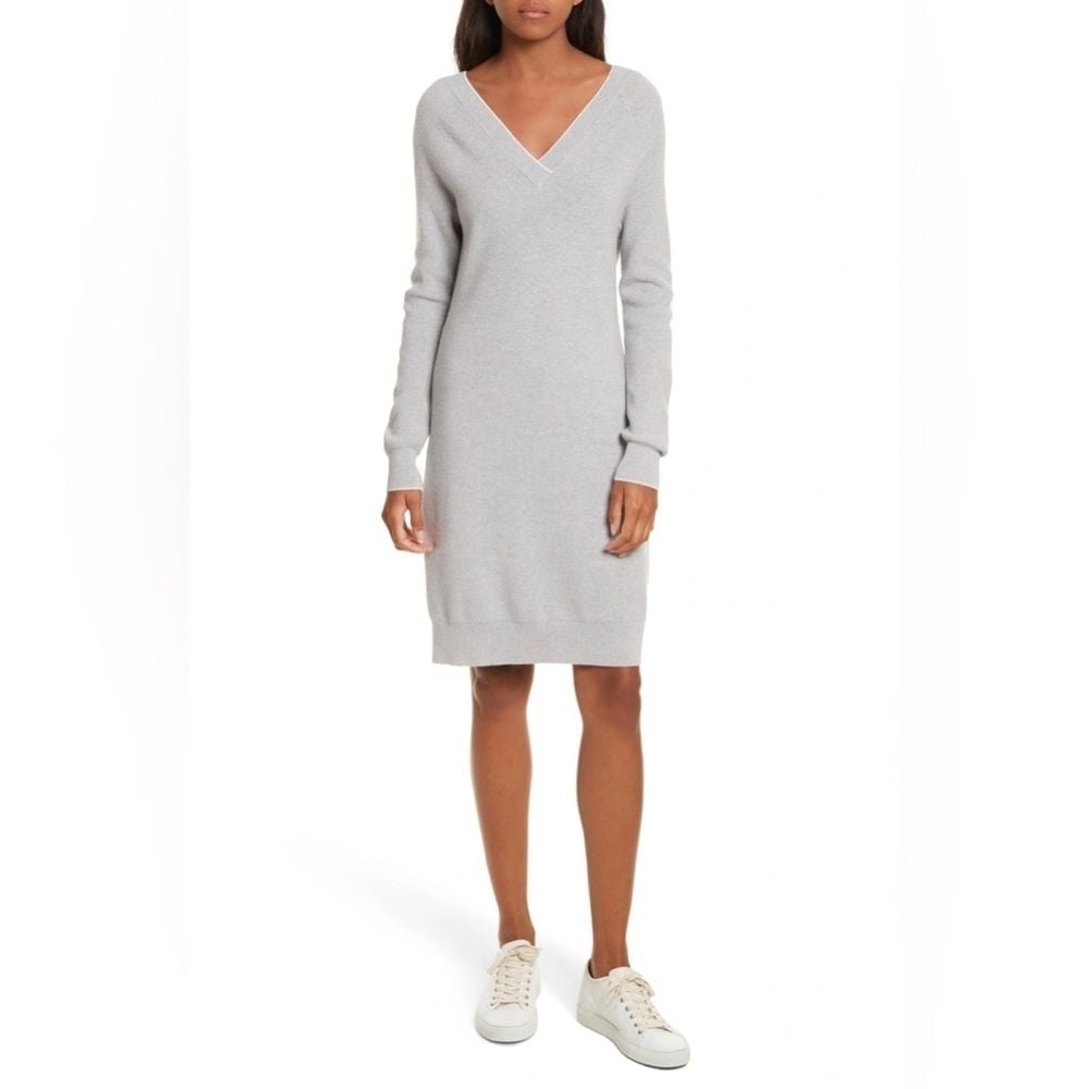 485 Jason Wu Grey Long-Sleeve Back-Tie Sweater Dress gray white cricket varsity
