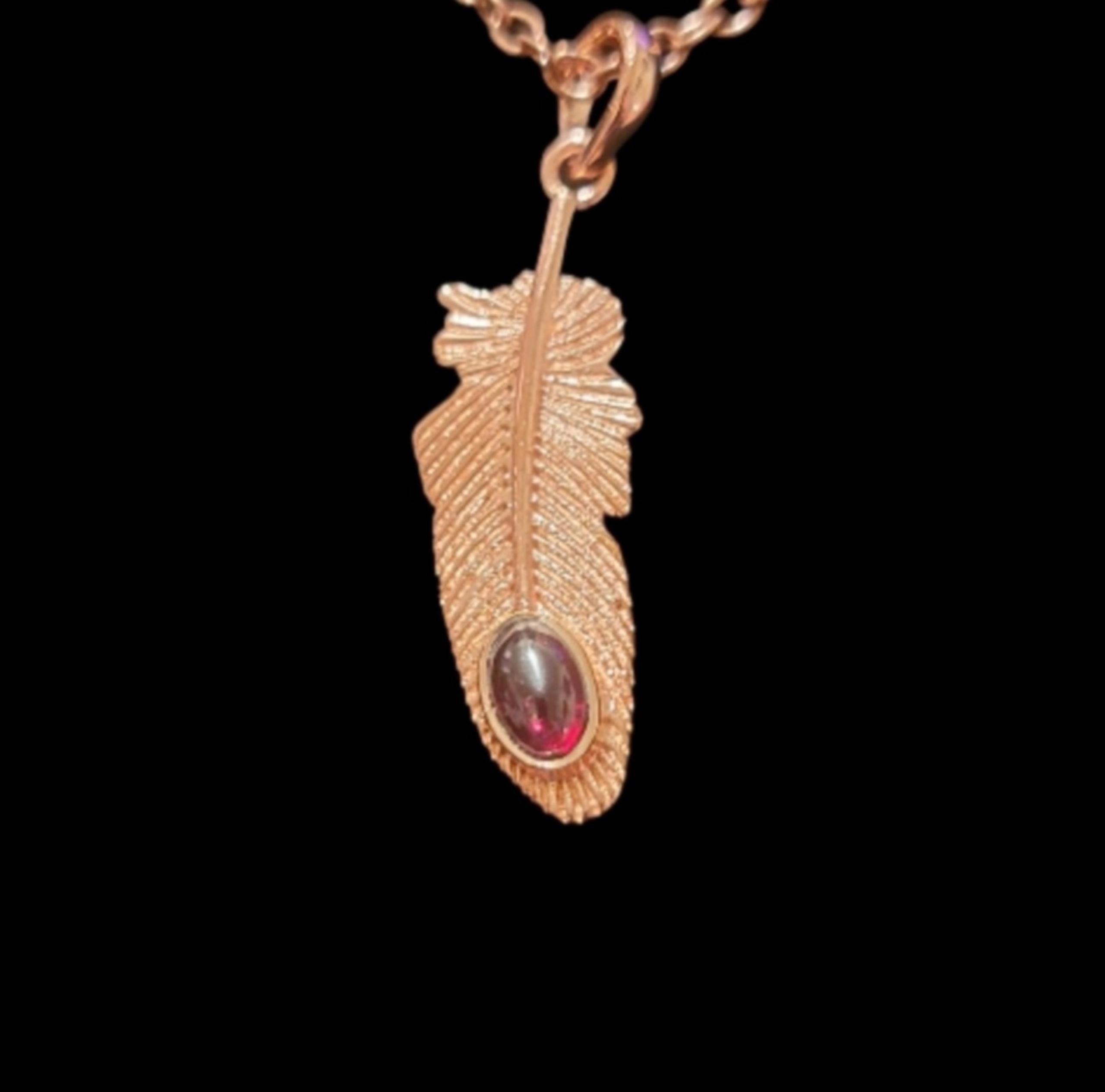 Garnet Copper Feather Pendant Necklace