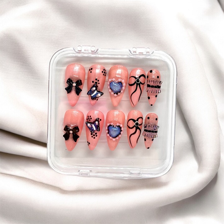 Press on3D Black & Pink Iridescent Charm Gel Polish Handmade Size EXTRA SMALL
