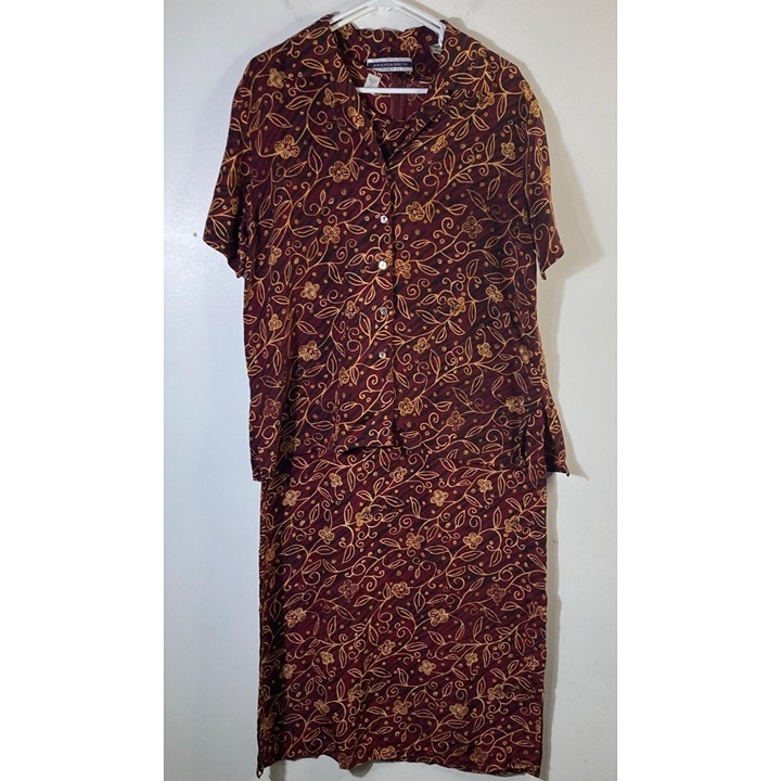 Womens Vintage Amanda Smith Silk Dress Set Maroon Gold M Silk