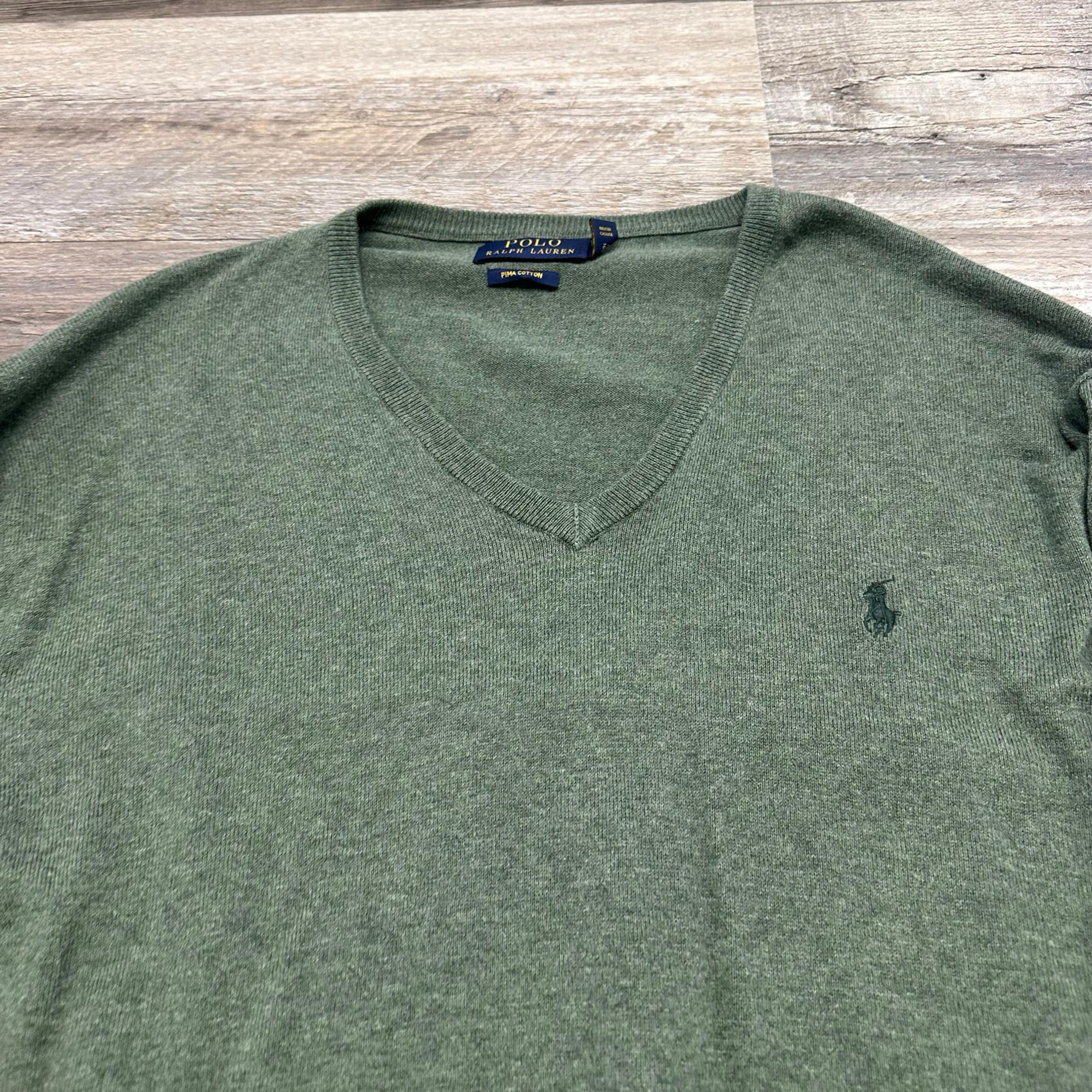 Polo Ralph Lauren Pima Cotton Pine Green Men L Logo Blue Pony V-Neck Sweater