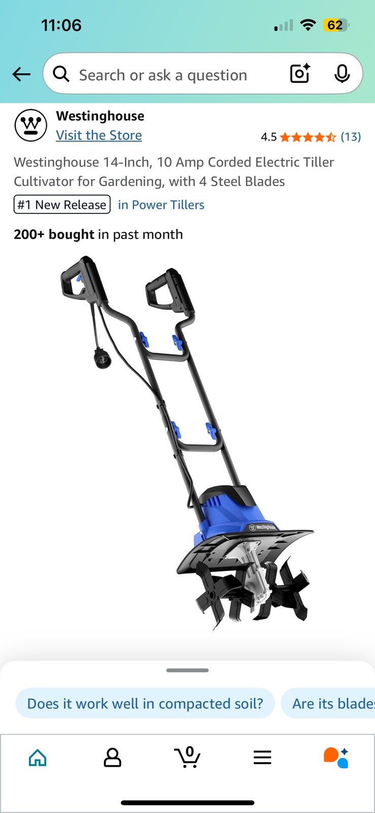Westinghouse 14-Inch, 10 Amp Corded Electric Tiller Cultivator for Garden