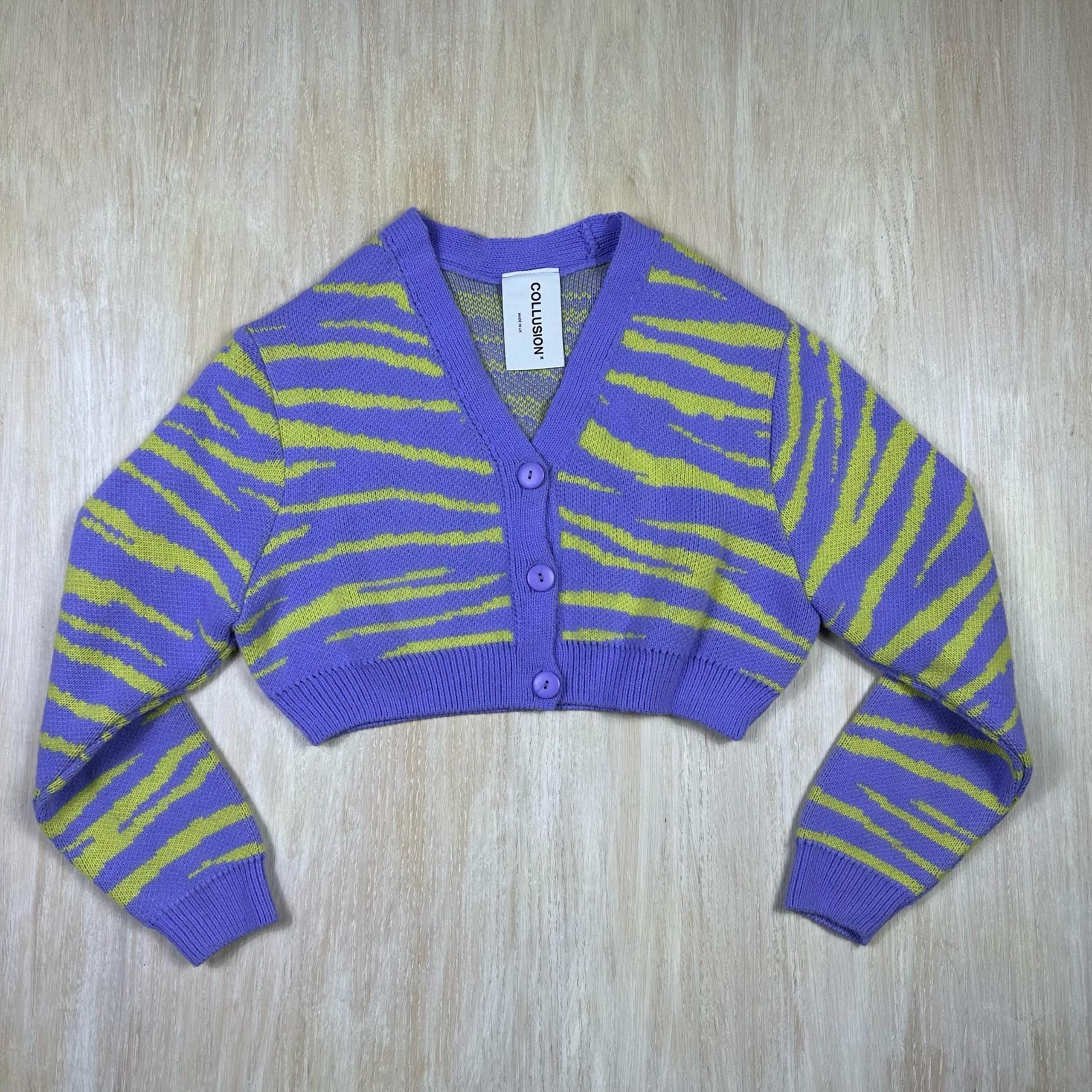 ASOS Collusion Zebra Purple Green Cropped V-Neck Boxy Button Cardigan Sweater 4