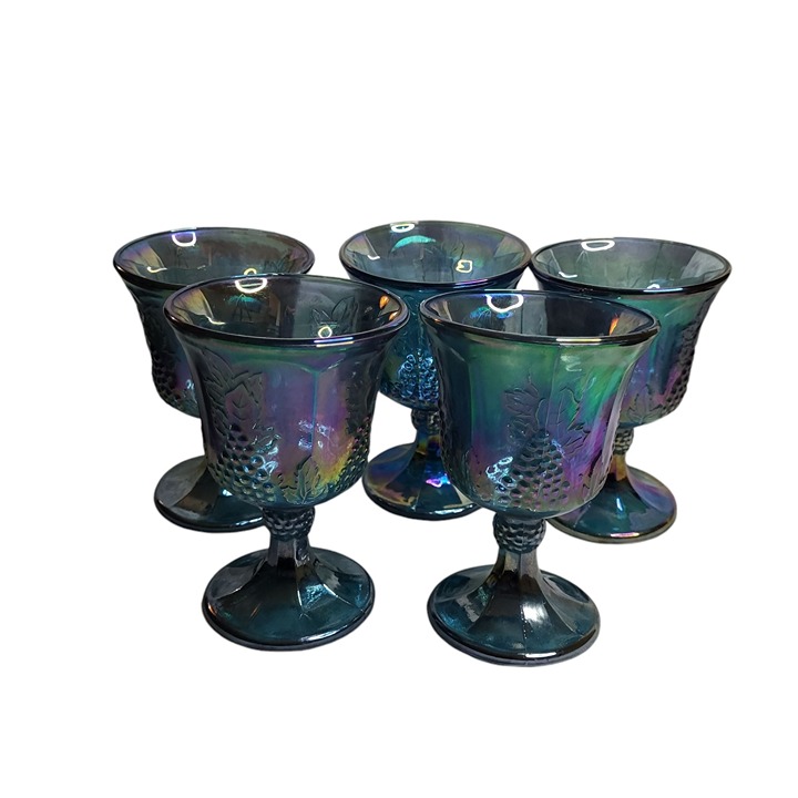 Set of 5 Vtg Indiana Carnival Glass Stemware Goblets Blue Harvest Grape 5.5