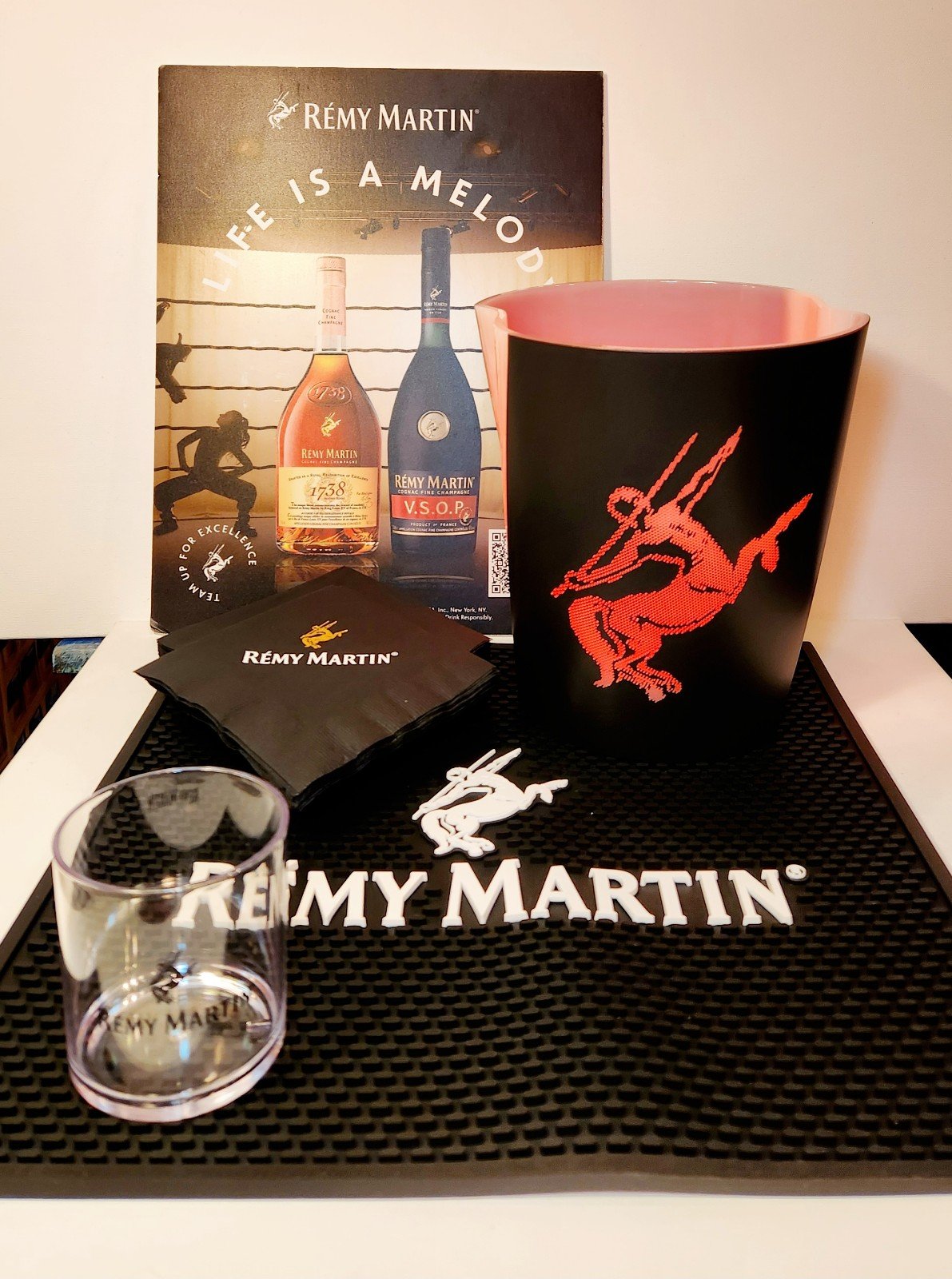Remy Martin Bar Mat, Light-up Ice Bucket, Cup, Napkins, and Advertisement