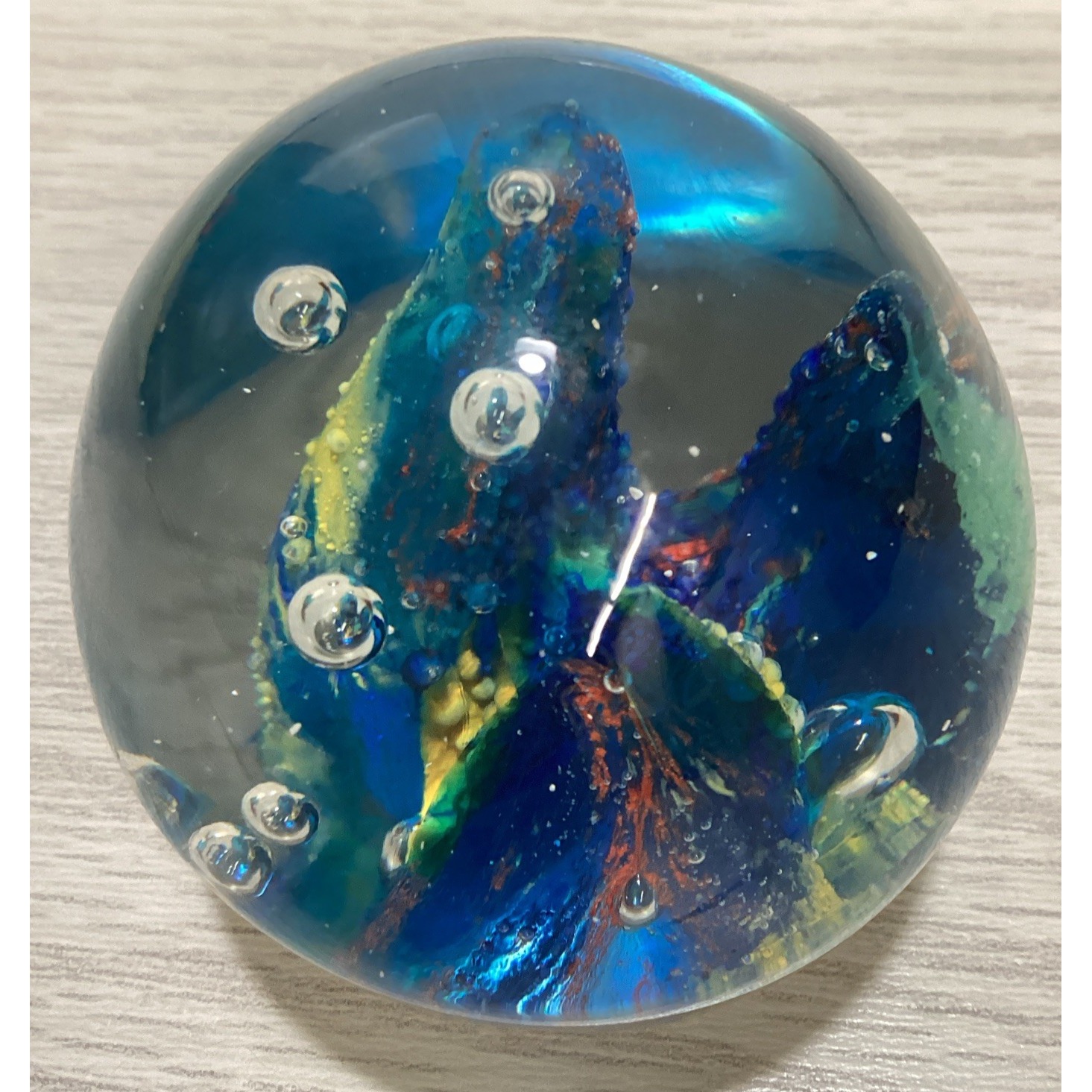 Art Deco Glass Paperweight 2.5x2.75" Multicolor Ocean Theme w/ Air Bubbles