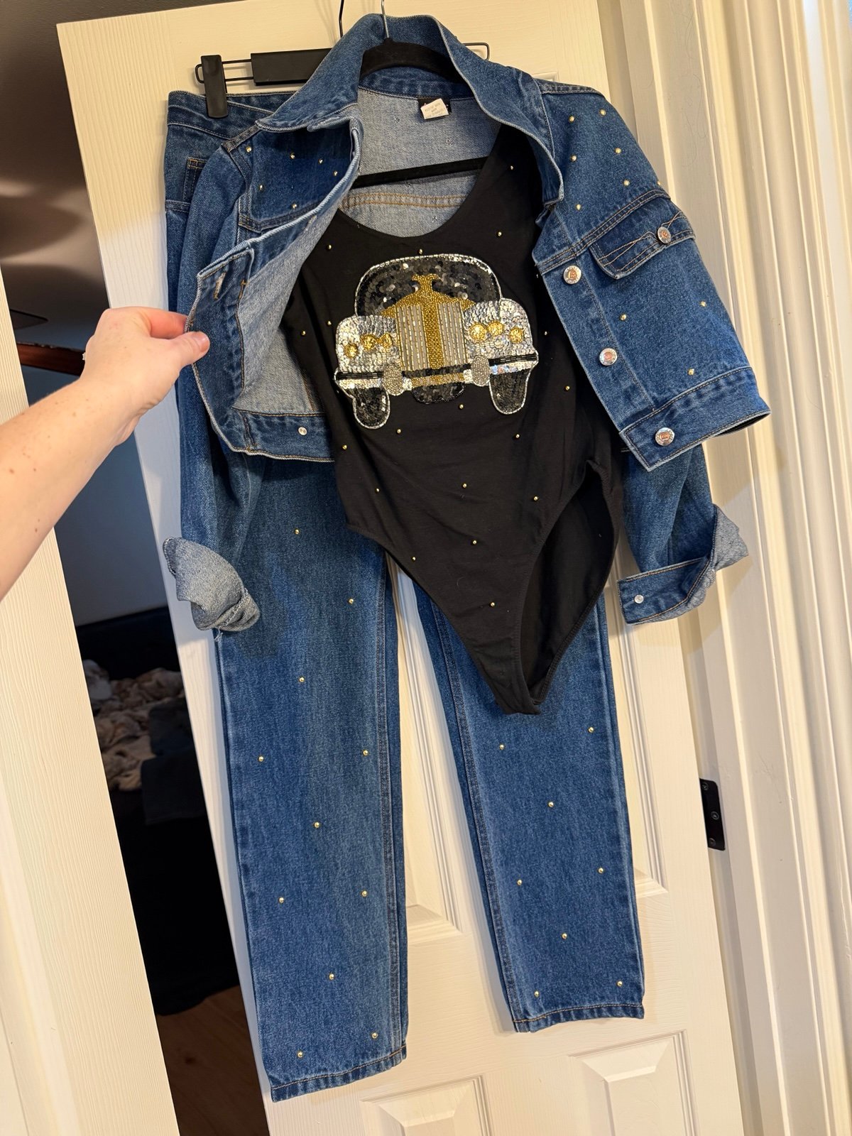 Fredrick's Of Hollywood Studded Sequin Cropped Jean Jacket & Jeans High Rise SET