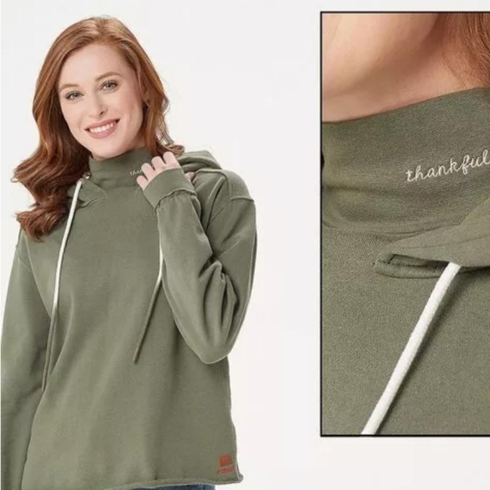 Peace Love World Green 'Thankful' Mock Neck Hoodie Sweatshirt Large