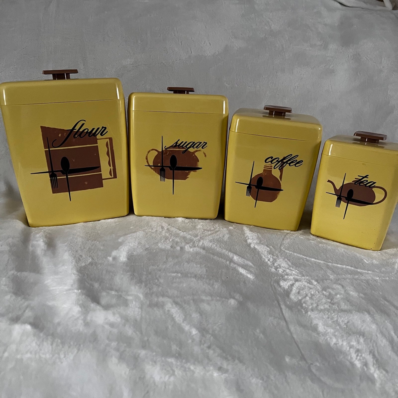 Vintage Plastic Kitchen Canisters Nesting Set Yellow sugar flour tea coffee