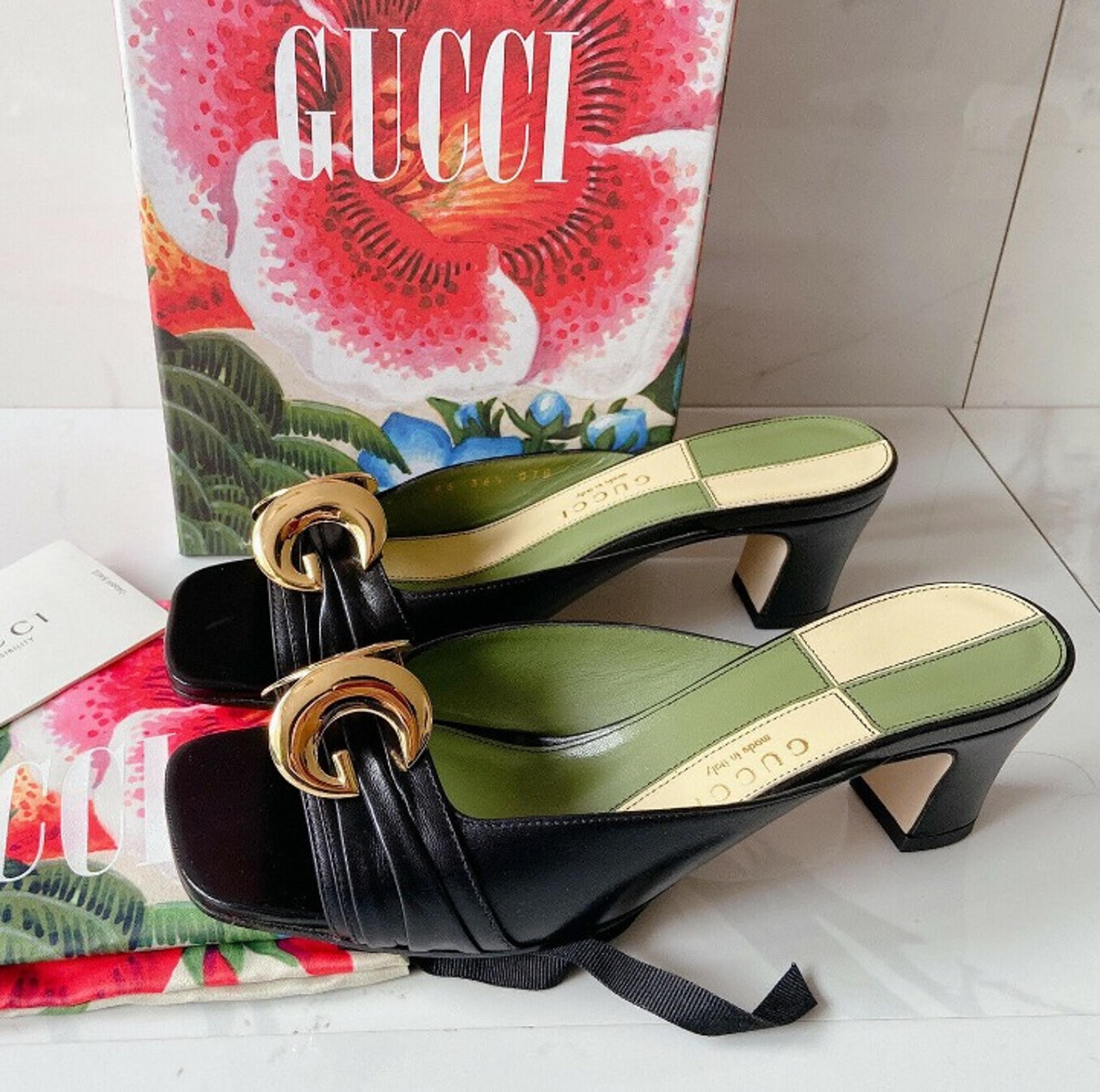 Gucci Malaga Half Moon Gold GG Heel Mule