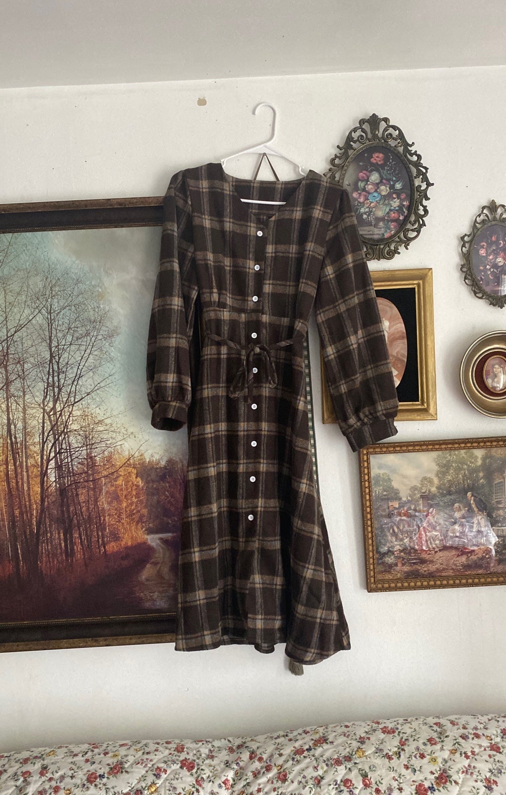 guaranteed Vintage plaid flannel wool button down cottagecore fall midi dress Women guaranteed Vintage plaid flannel wool button down cottagecore fall midi dress Women