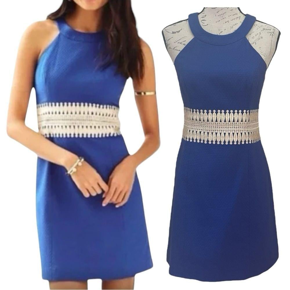 Lilly Pulitzer Bomber Cobalt Blue Ashlyn Shift Dress Gold Crochet Waist, Sz. 2