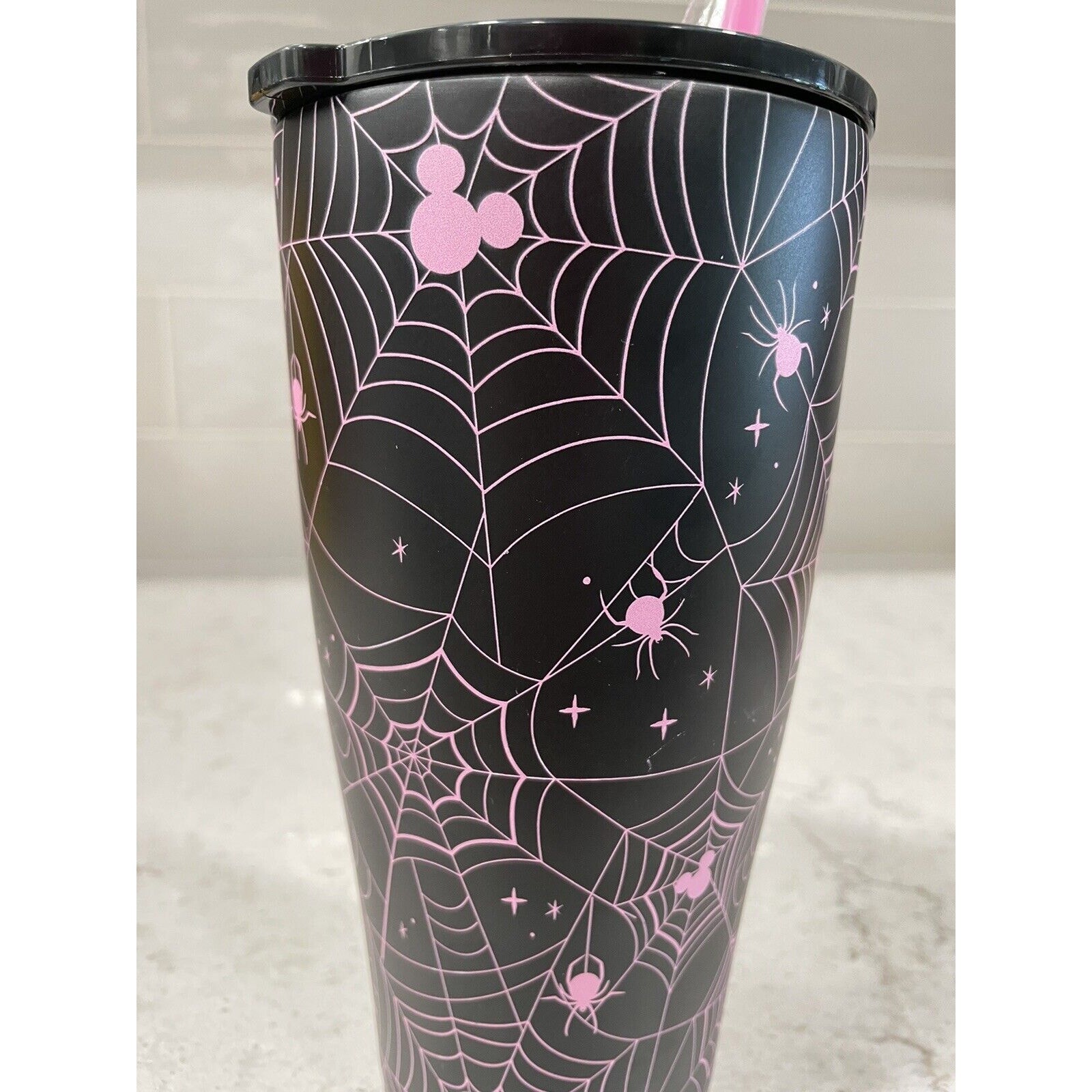 MICKEY MOUSE Disney Pink Steel Tumbler 30oz Cup Straw Halloween Spider Web Webs