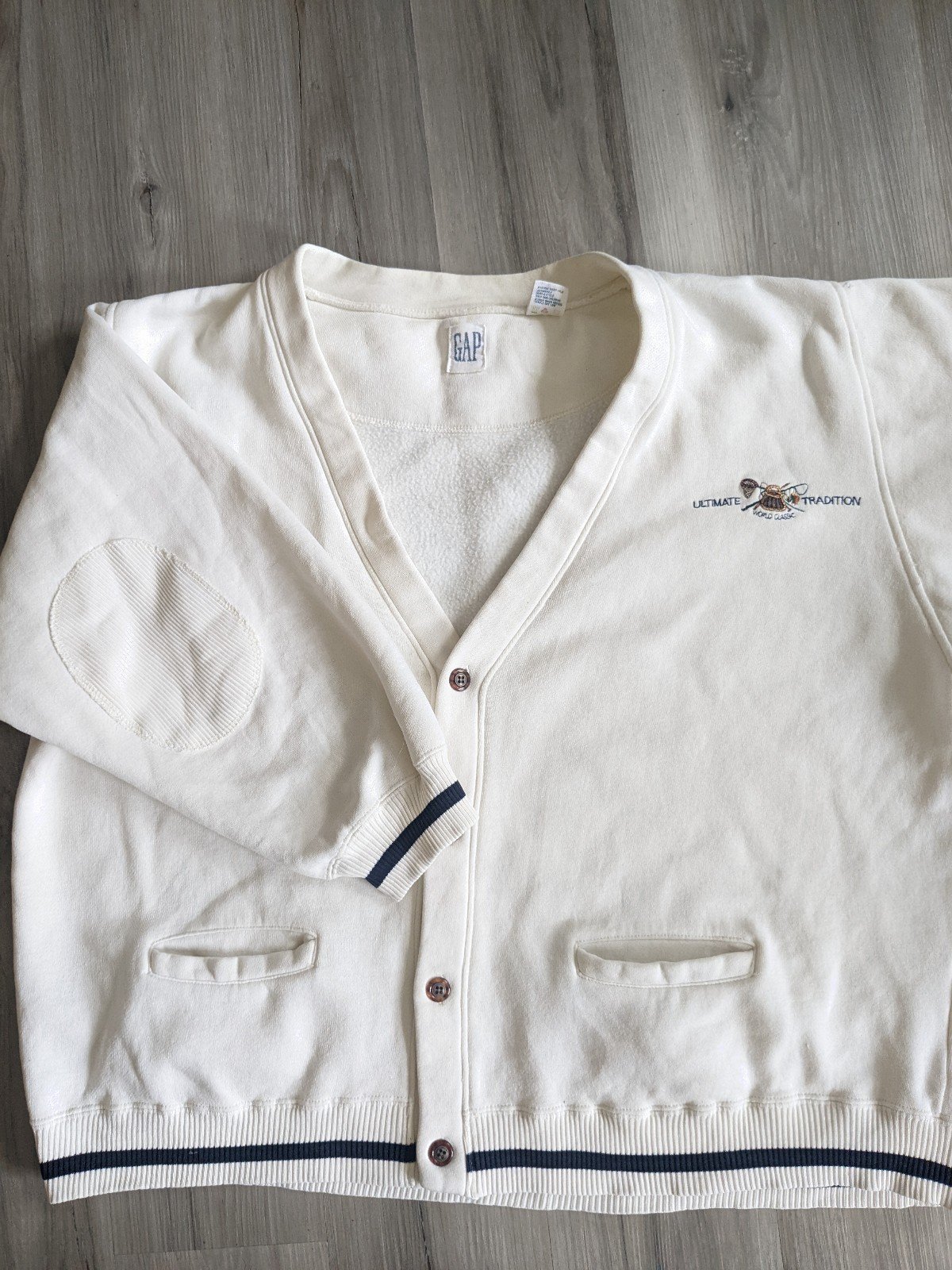 Vtg Gap Cardigan Fisherman Embroidery Corduroy Elbow Patch Cream/Navy Men's XL