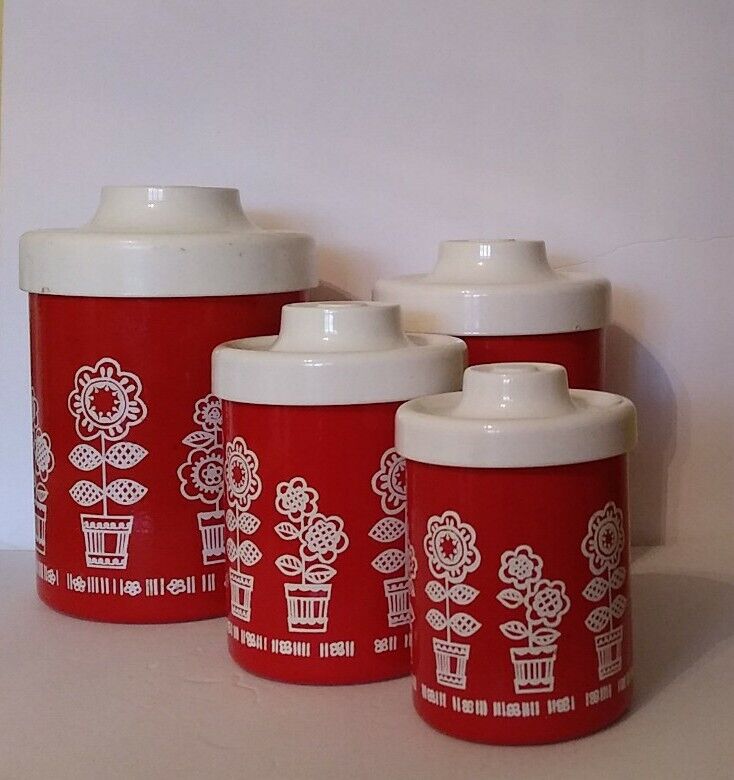 Vintage Atapco Aluminum Canister Nesting Set (4) Red W/Flowers in Pots. 1970's