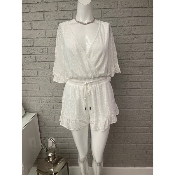 Blue Blush White Ruffle Sleeve Lace Romper Size S