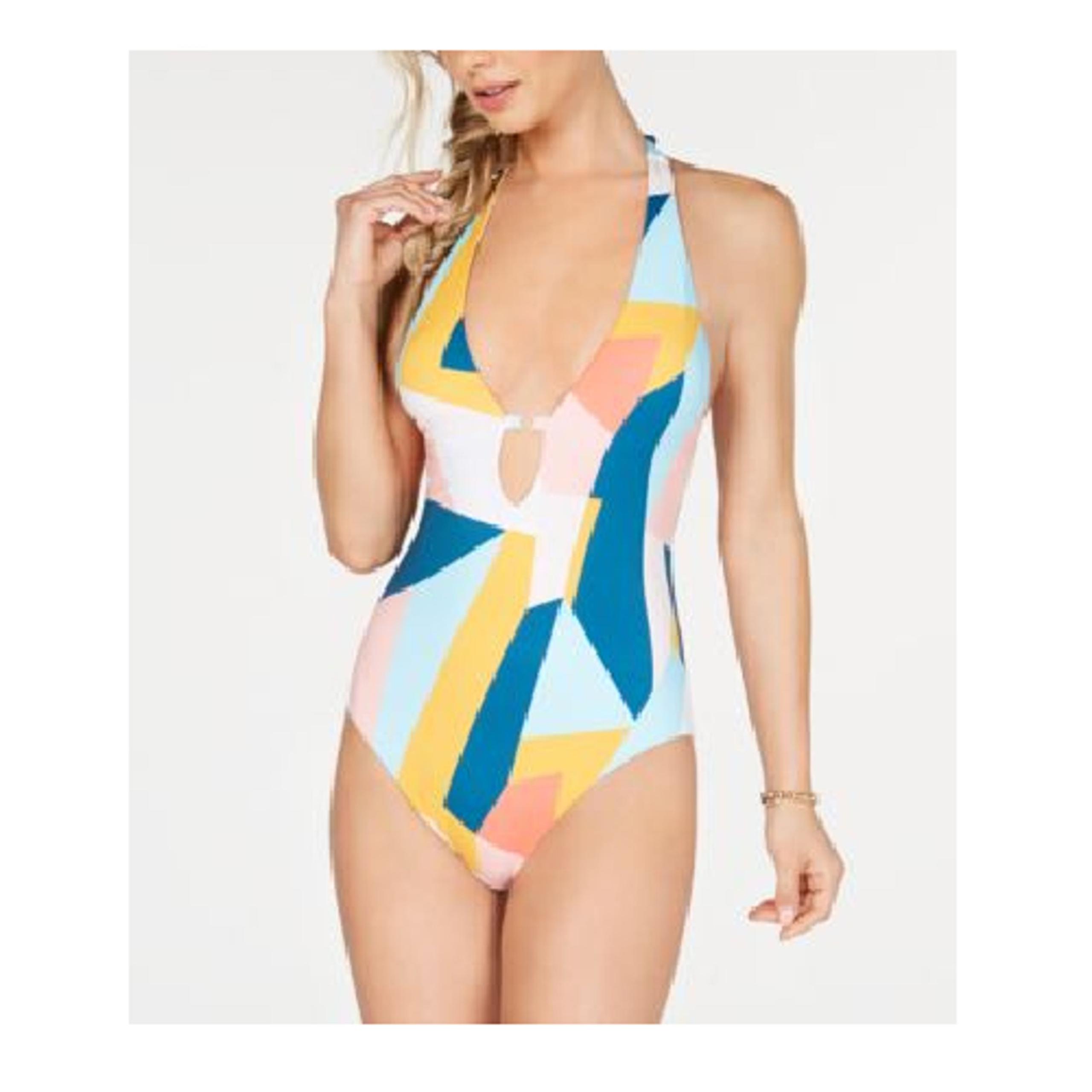 Bar III Pop Art Strappy-Back One-Piece Swimsuit Size M Geometric Teal Mustard