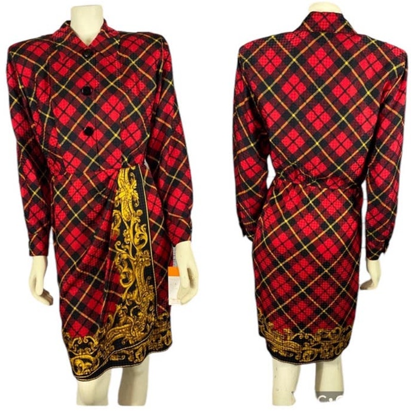 NWT Vintage Maggy London Silk, red, black & gold plaid wrap dress size 6
