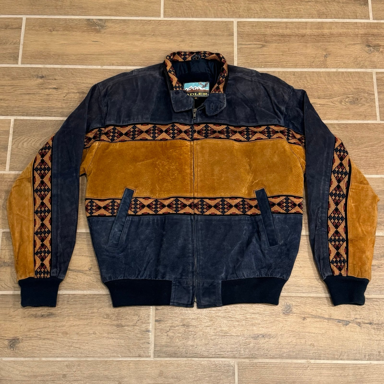 Vintage Adler Aztec Southwestern All Leather Full Zip Bomber Jacket Size Medium