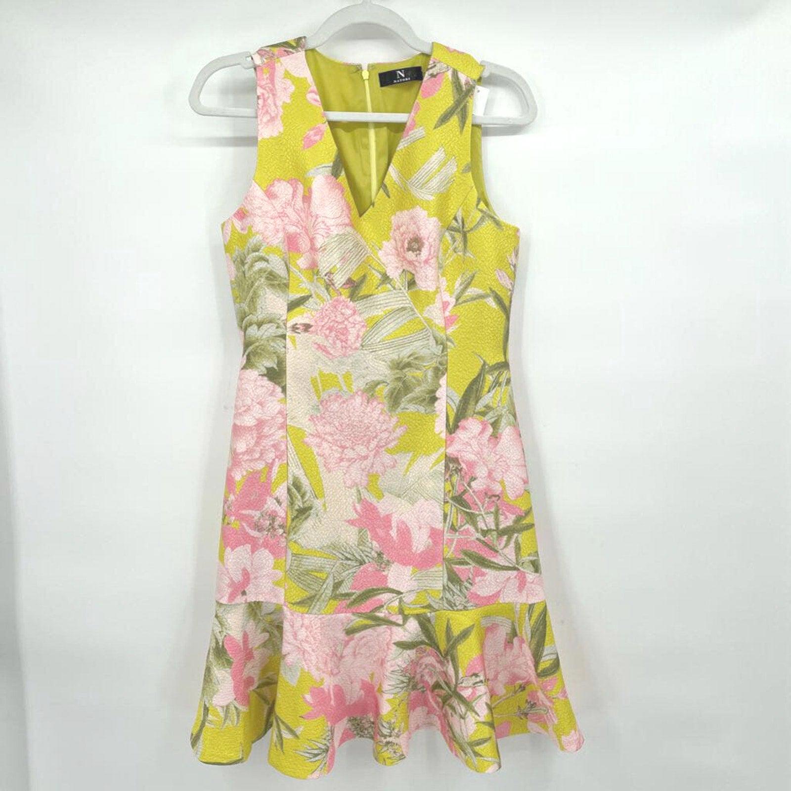 Women's Natori Floral Spring Green Yellow Sleeveless Dress 4