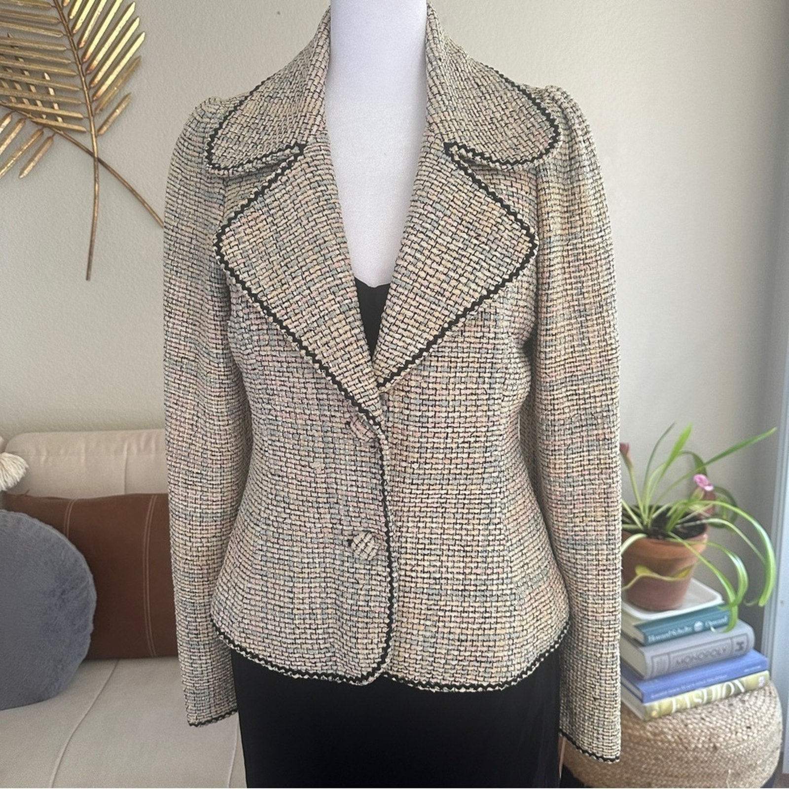INGWA MELERO Vintage Tweed Fitted Round Collar Button Front Multicolor Blazer 10