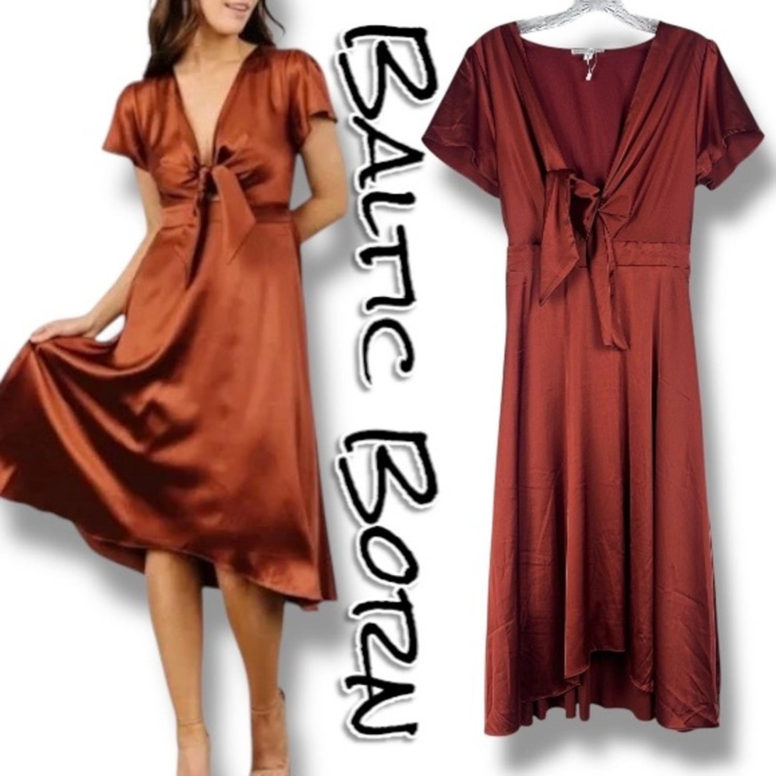 NWOT BALTIC BØRN Poppy Satin Midi Dress Copper Peekaboo Tie Front Womens Sz S