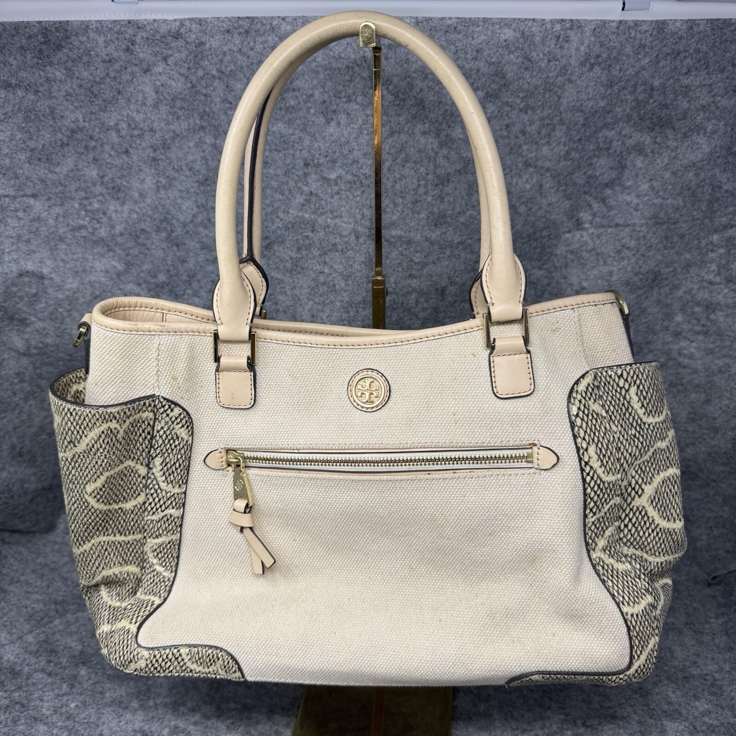 TORY BURCH Frances Canvas Satchel Bag Snakeskin Leather Purse Handbag