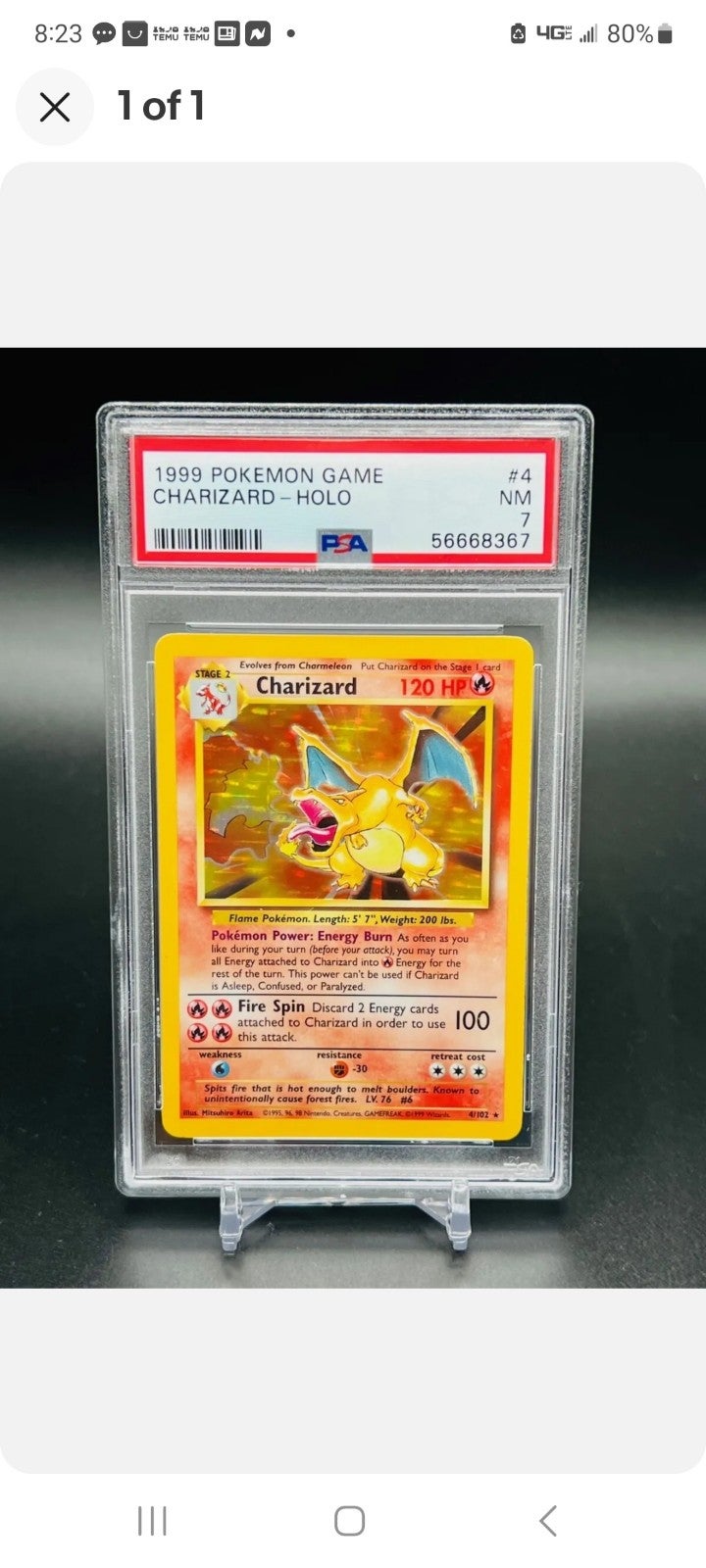 Pokemon TCG 1999 Base Set Unlimited Charizard Holo Rare 4/102 - PSA 7