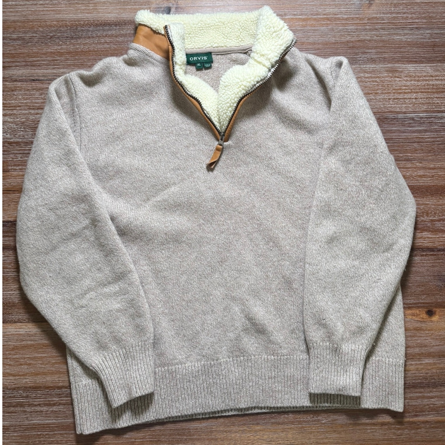 Orvis Lambswool Quarter Zip Sweater Leather Trim Fleece Lined XL