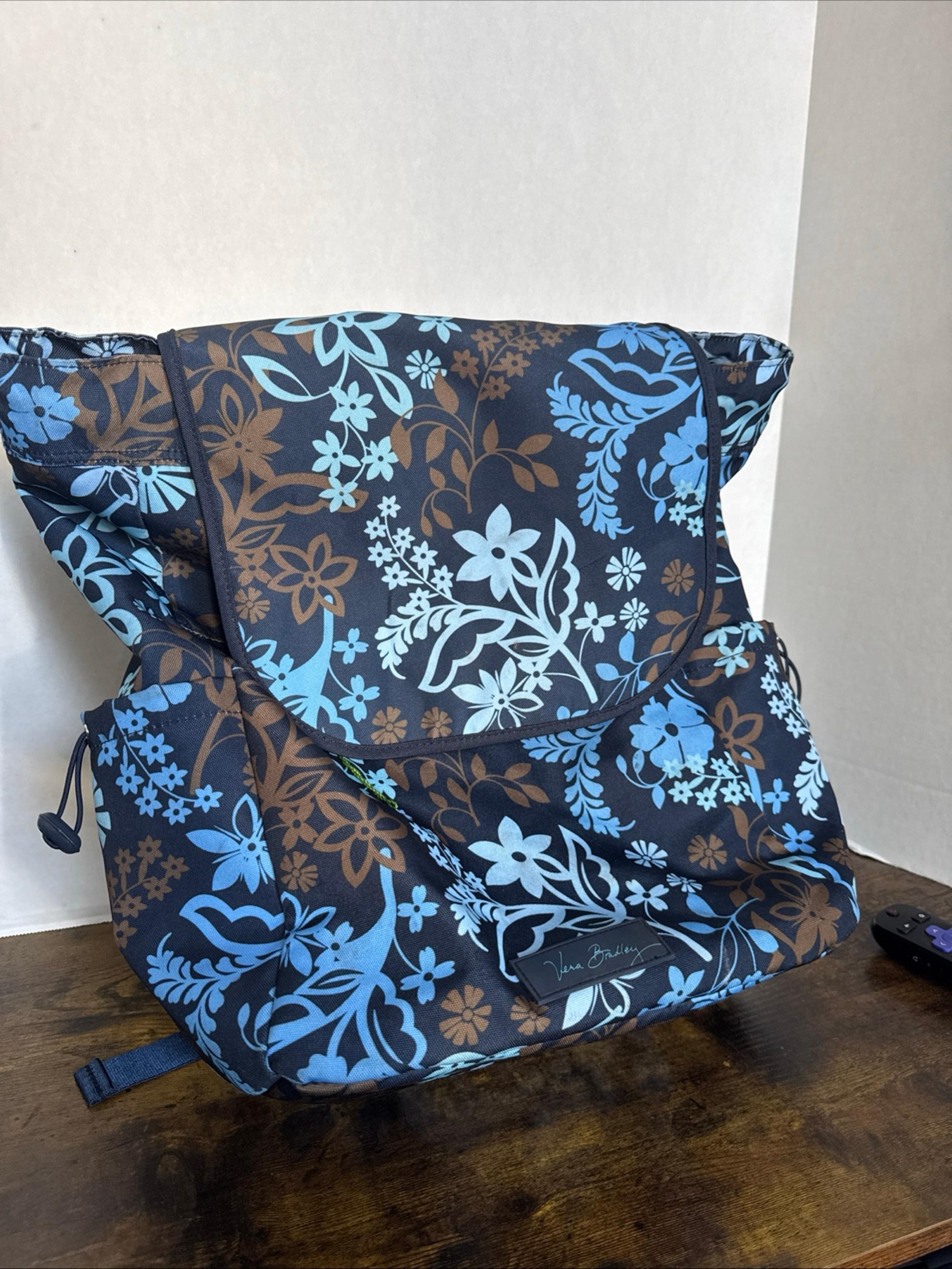 Vera Bradeley Large Ripstop Polyester Backpack Navy Flower Pattern EUC