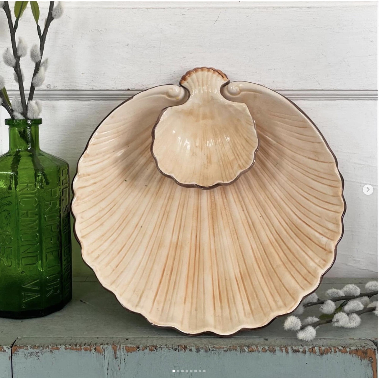 Vintage Fitz & Floyd Chip and Dip Clam Shell Bowl Striped Seashell Beach Pottery