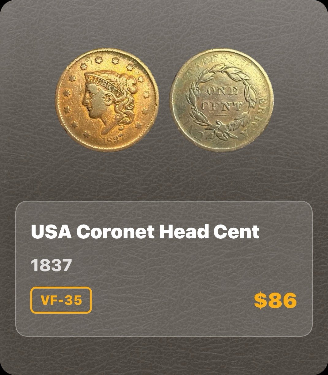 1937 Coronet Head Cent VF-35 Condition lot 1012