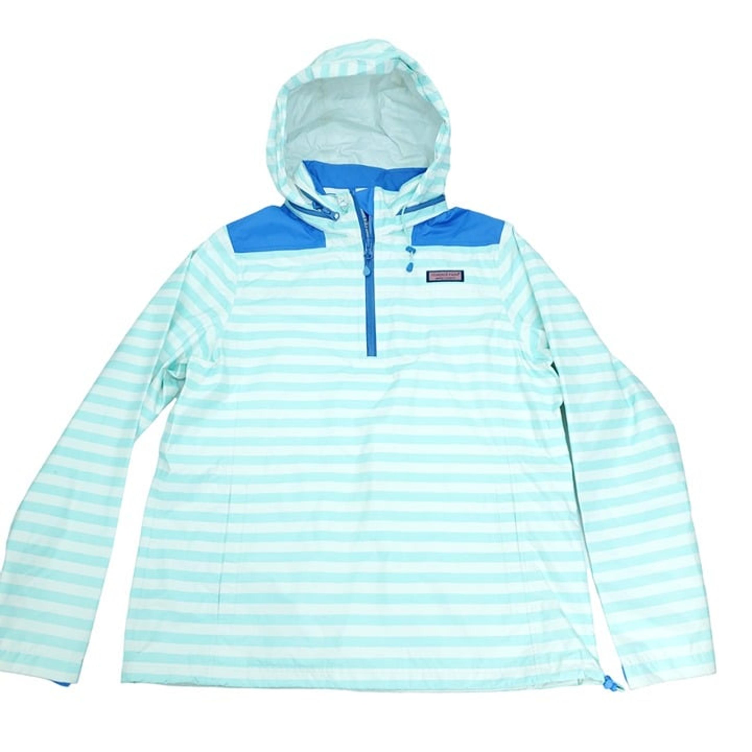 Vineyard Vines Rain Coat Mens Medium White Aqua Hooded 1/4 Zip Pullover Wind
