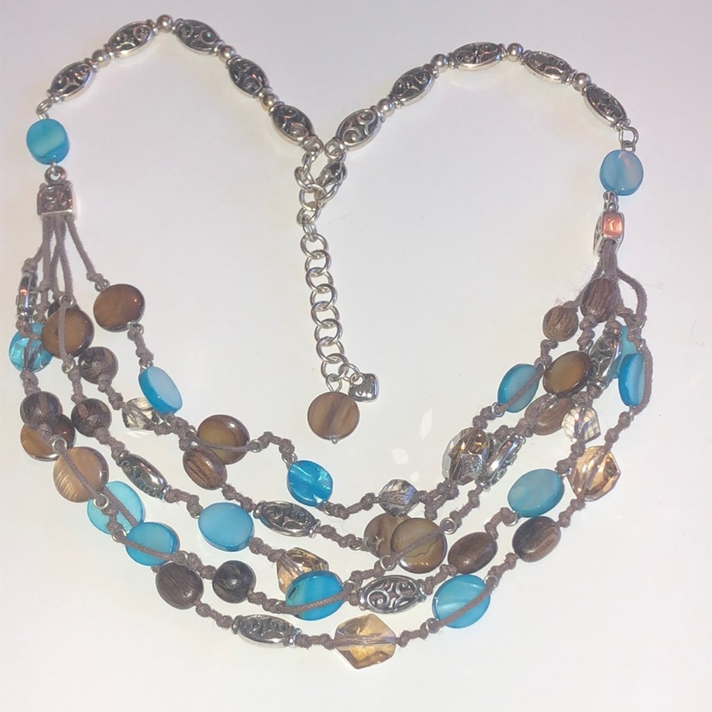 Brighton Riviera Blue Lagoon Wood Shell Beaded Boho Multi Strand Necklace